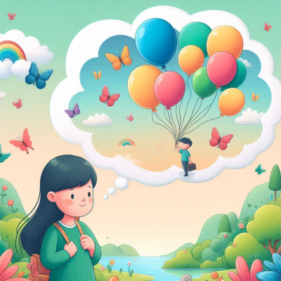 나비와 풍선이 떠다니는 초원을 걷고 있는 아이의 모습입니다.