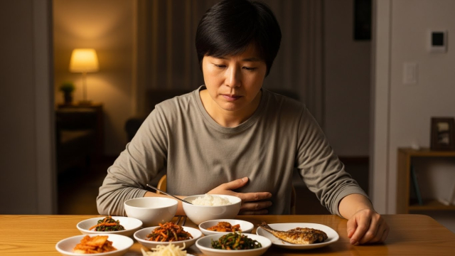 상복부를 짚고 앉아 있는 사람과 허리·등으로 번지는 통증 방향을 표시한 그림