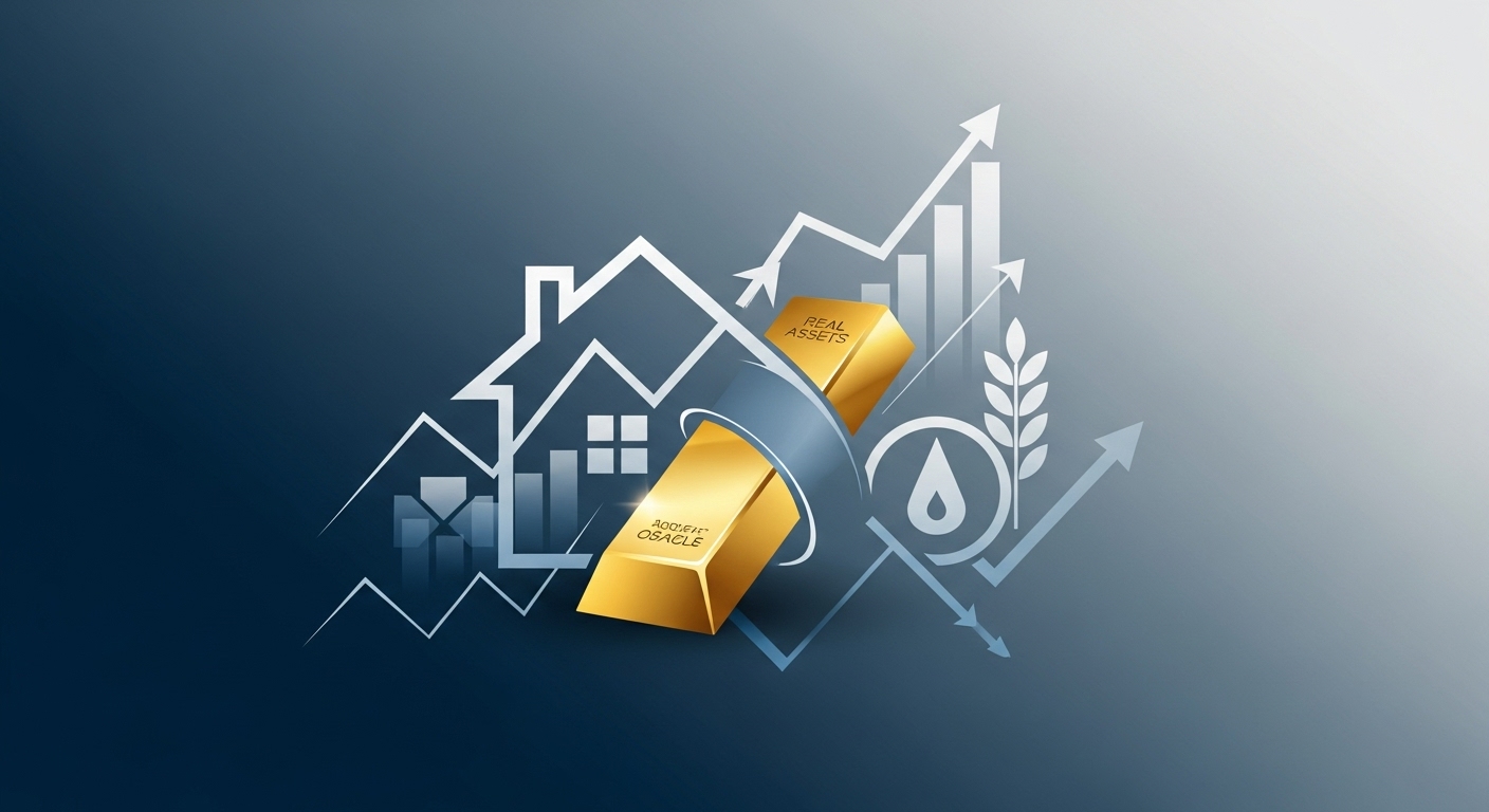 An abstract, modern depiction of various real assets like a stylized house, a gold bar, and a commodity symbol, intertwined with subtle growth graphs in a blue and grey color scheme. Emphasize stability and tangible value.