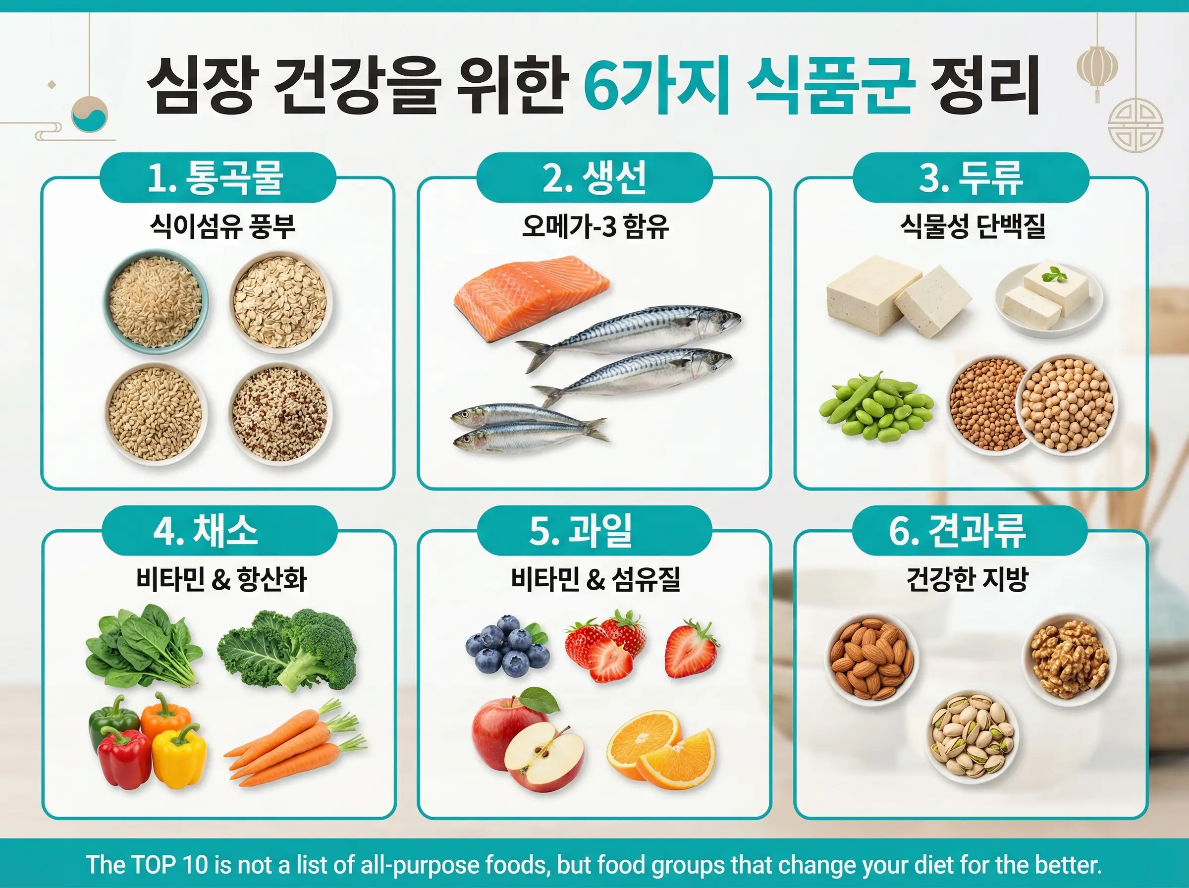 심장에 좋은 음식군을 통곡물, 생선, 콩류, 채소, 과일, 견과류로 정리한 이미지
