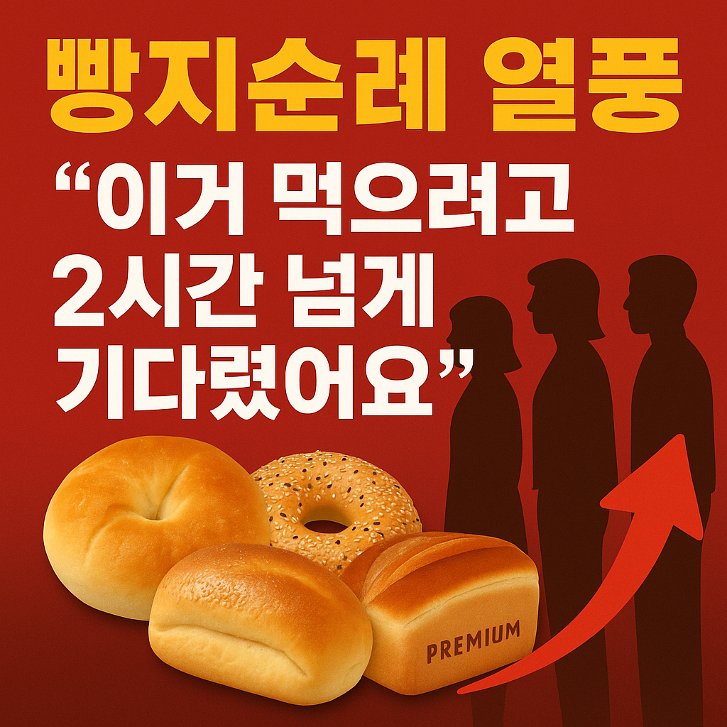 “빵지순례 열풍, MZ세대가 줄 서서 구매하는 인기 베이커리, 2시간 대기, 베이글·소금빵·프리미엄 빵 트렌드를 강조한 썸네일 이미지”