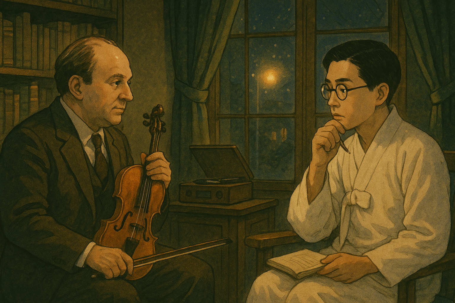 미샤 엘만과 시인 이상이 상상 속에서 조용히 마주 앉아 음악과 시로 교감하는 장면