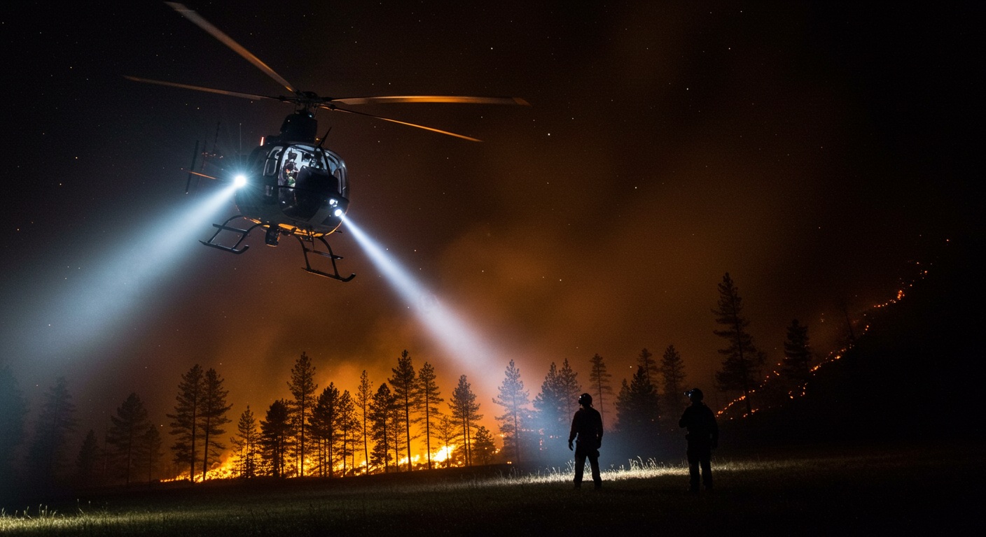 미국의 야간 산불 진화 작업