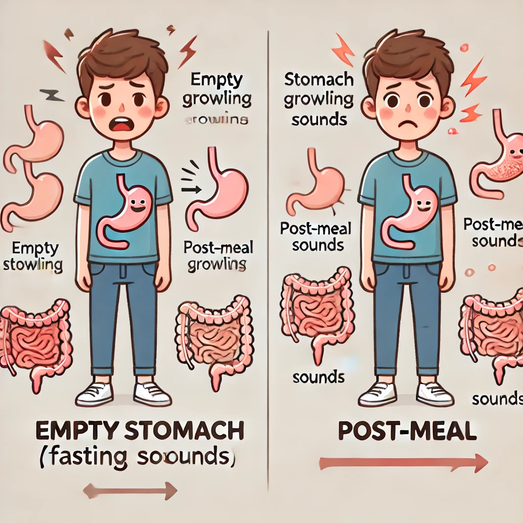 공복 장 소리와 식후 장 소리를 비교해서 표현한 이미지