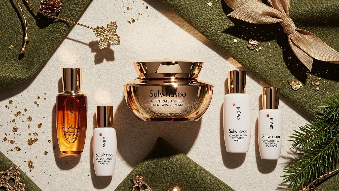 설화수 2025 홀리데이 에디션 농축 인삼 리뉴잉 크림을 선보이는 고급스럽고 축제 분위기의 플랫 레이 이미지입니다.