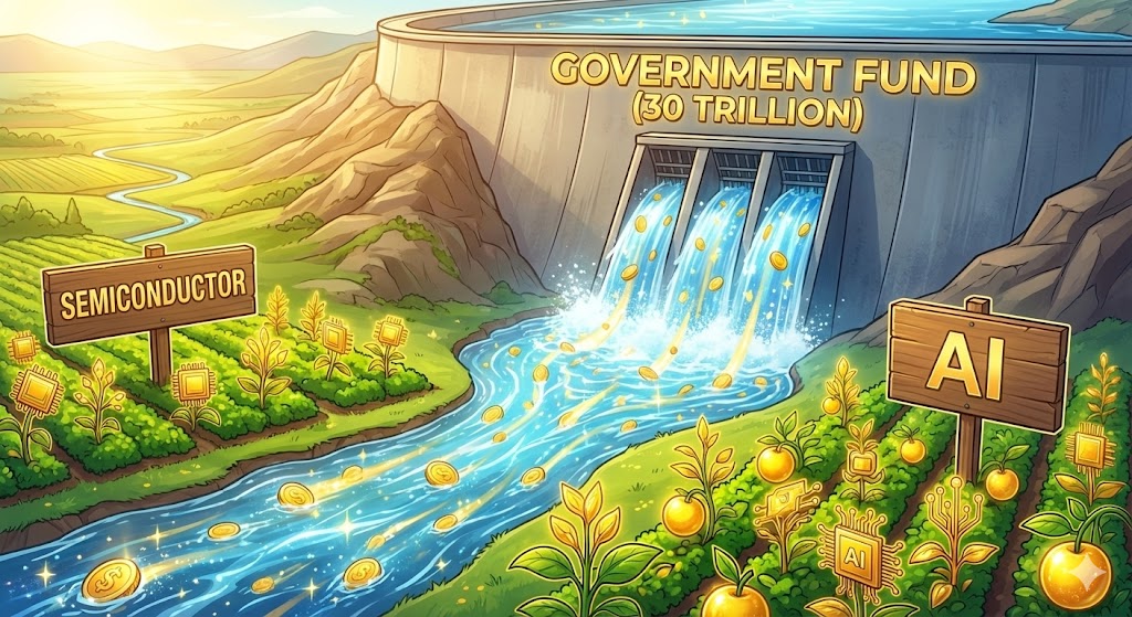 거대한 댐(국부펀드/성장펀드)에서 물(자금)이 쏟아져 나와 반도체와 AI라는 밭에 물을 대는 모습. 밭에서 황금 곡식이 자라나는 일러스트
