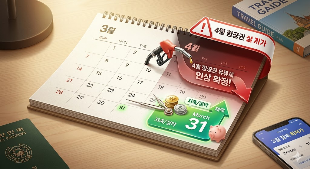 3월 결제 마감일을 강조한 달력과 항공권 유류세 인상 경고 그래픽