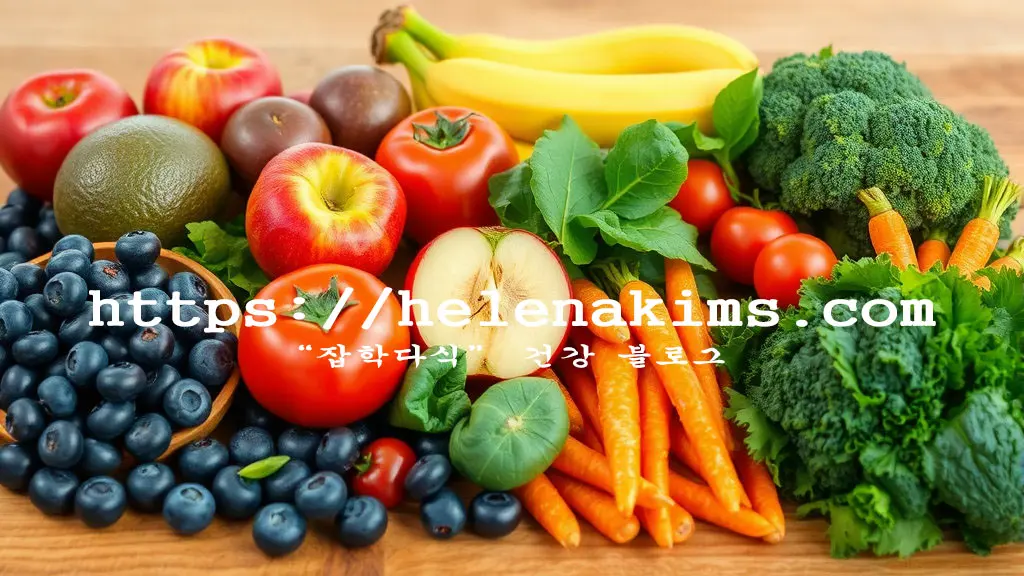 나무 탁자 위에 사과, 바나나, 블루베리, 당근, 토마토, 브로콜리 등 싱싱한 과일과 채소들이 놓인 모습.