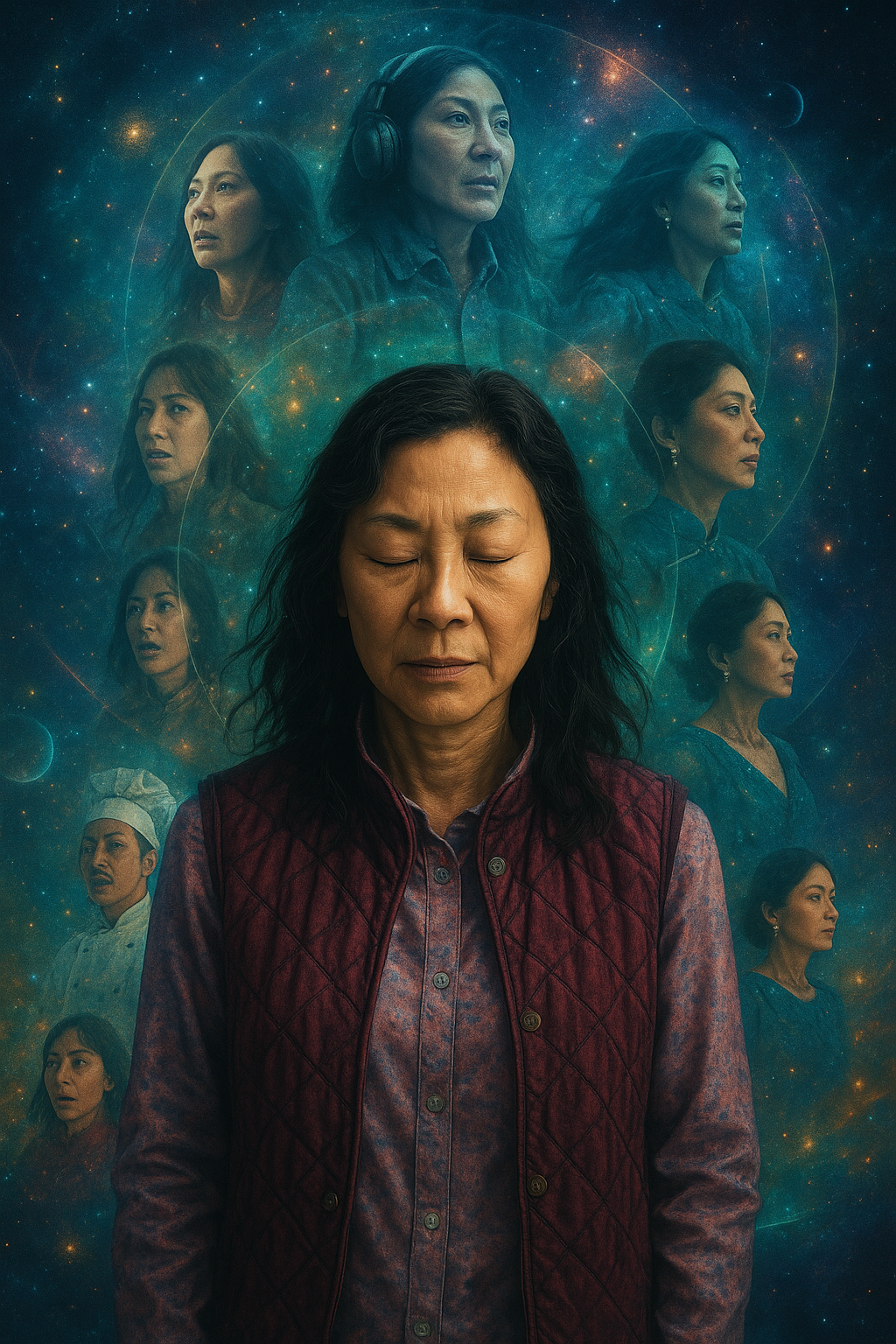 "다중우주가 겹쳐진 듯한 배경 속에서 중년 여성 주인공이 눈을 감고 내면을 들여다보는 모습. 주변에 다양한 삶의 조각들이 반투명하게 떠 있다."