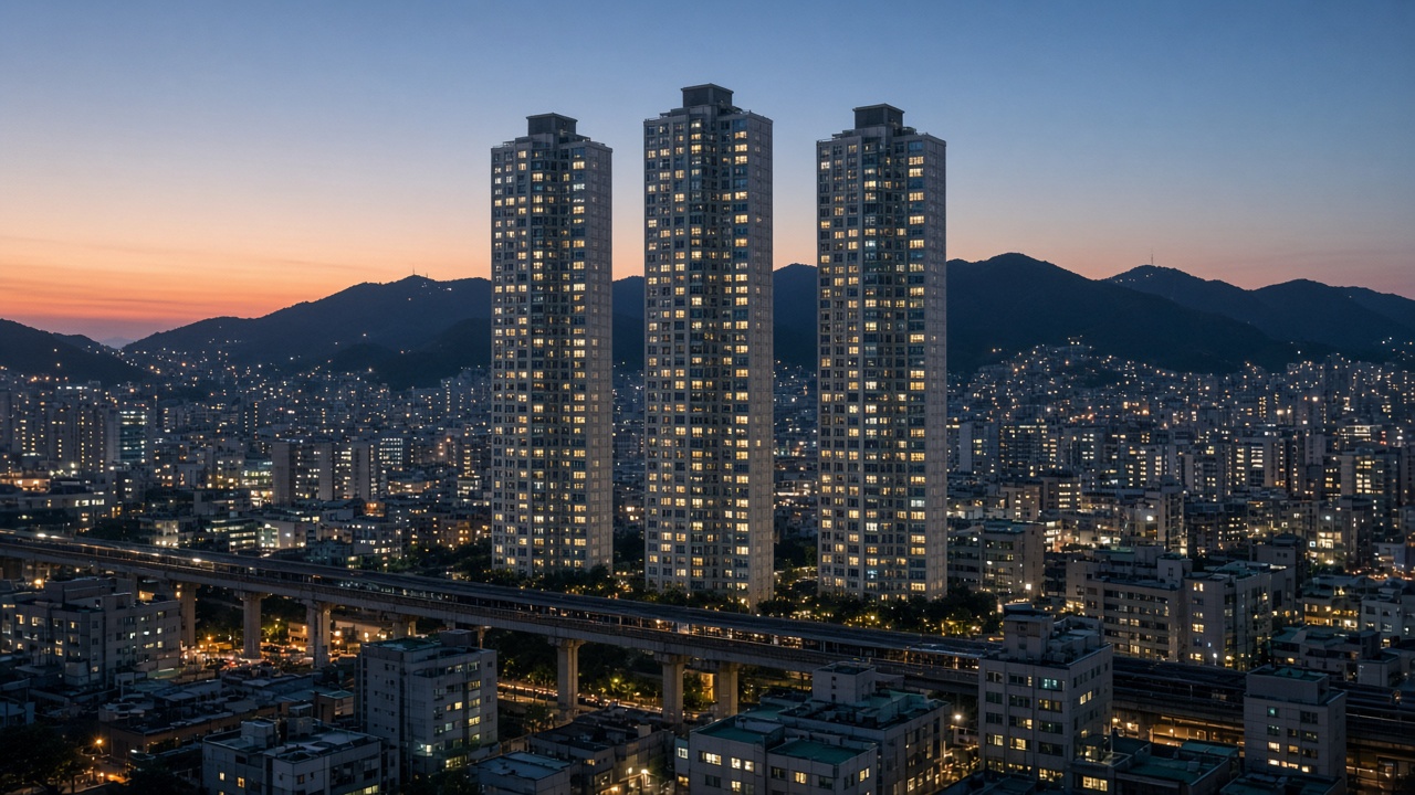 해 질 녘 산을 배경으로 불이 켜진 도심 고층 아파트 세 동과 고가 철도가 보이는 부산 시가지 풍경