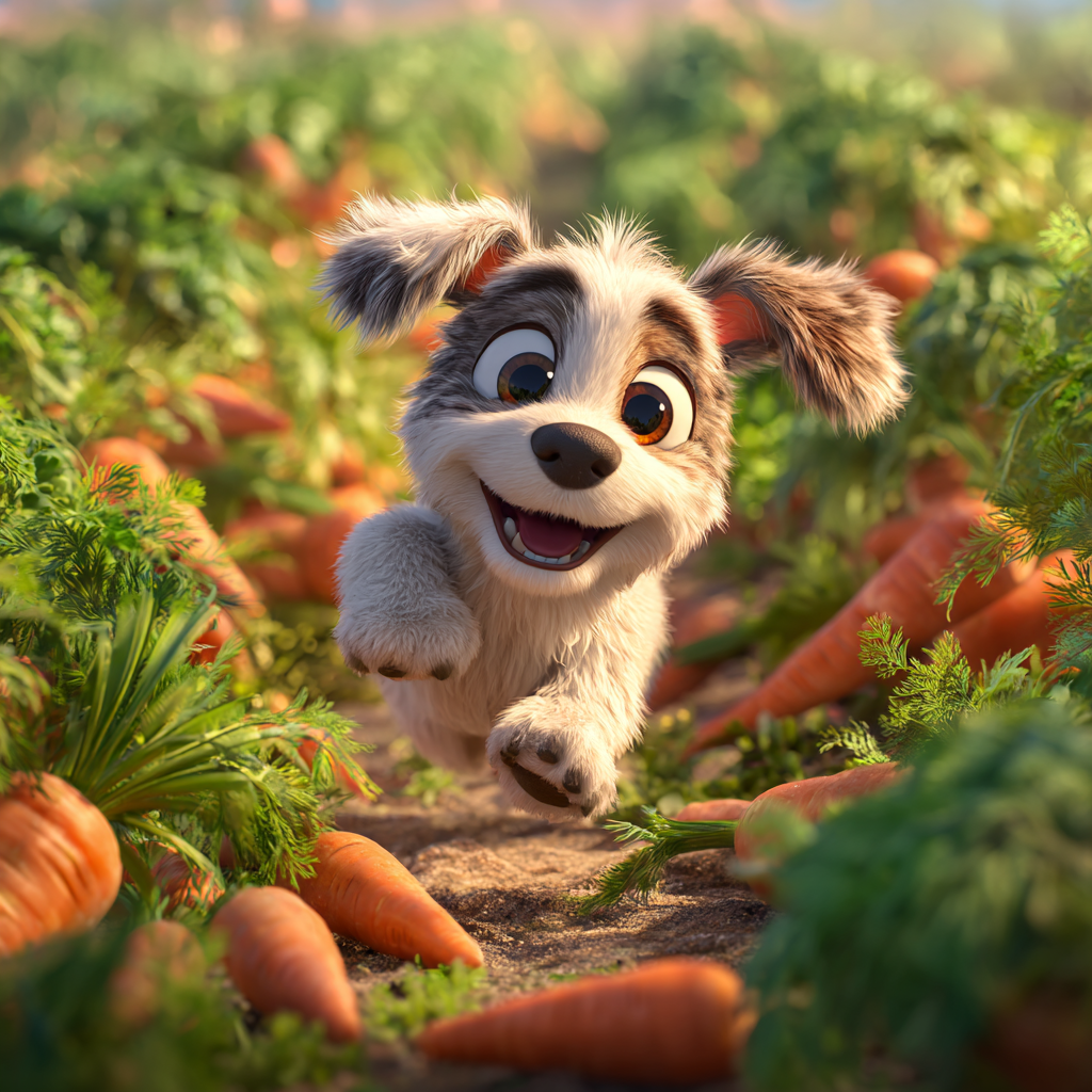 당근밭을 뛰노는 귀여운 강아지, 픽사형 일러스트