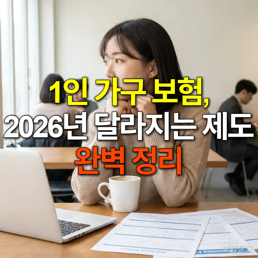 카페에서 노트북과 보험 서류를 보며 보험 정보를 확인하는 한국인 여성