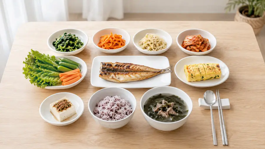 잡곡밥 소량, 구운 생선, 두부, 달걀, 나물과 신선한 채소 반찬이 균형 있게 놓인 현실적인 한국식 가정 식탁, 과도하게 완벽한 다이어트 식단이 아닌 일상적인 건강 식사