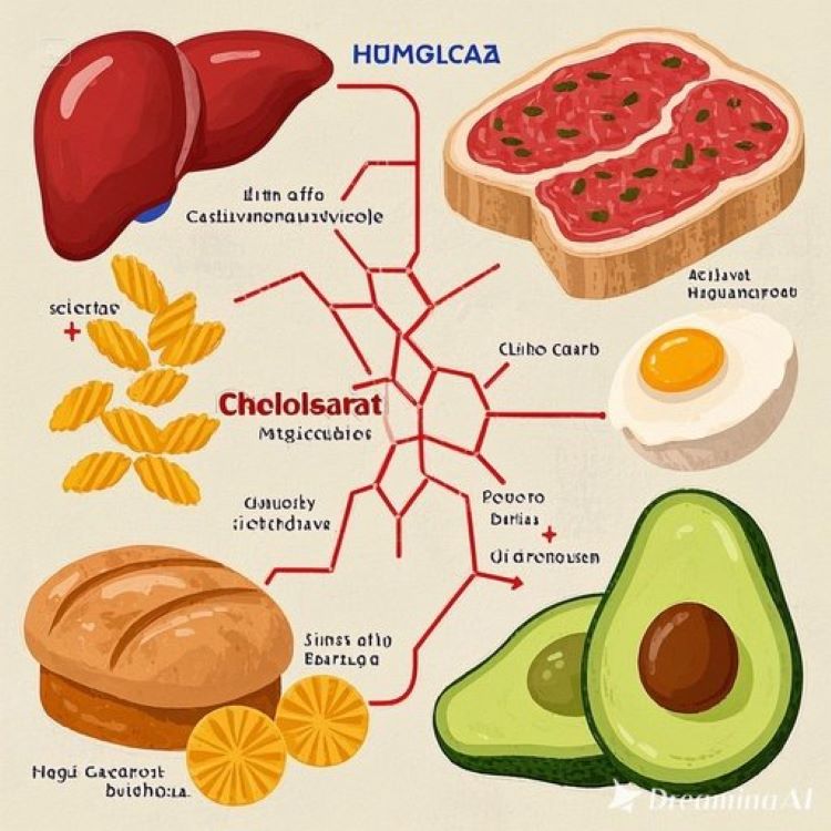 간세포 내부에서 탄수화물(포도당 분자)이 인슐린의 작용으로 HMG-CoA 환원효소를 통해 콜레스테롤로 변환되는 생화학적 과정을 도식화한 인포그래픽으로, 한쪽에는 고탄수화물 식품들(빵, 파스타, 설탕)이 콜레스테롤 공장을 가동시키는 모습, 다른 쪽에는 저탄수화물 식품들(고기, 계란, 아보카도)이 공장을 정지시키는 모습을 대비하여 표현한 의학적 일러스트레이션