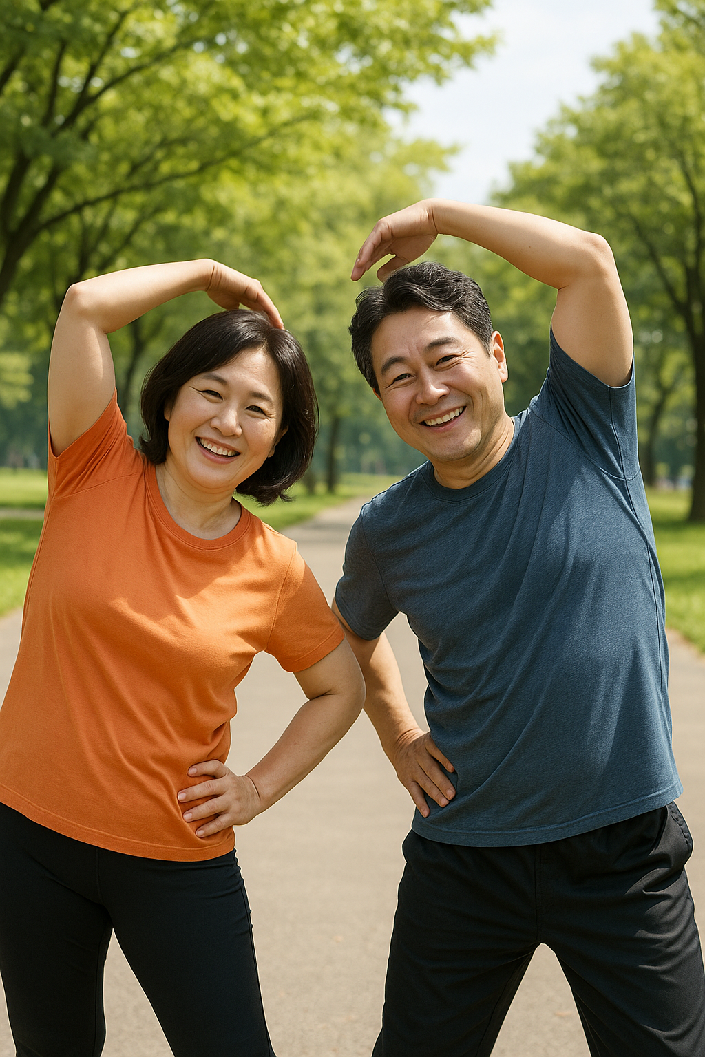 함께 공원에서 스트레칭하는 40대 중년 부부