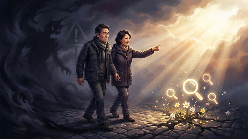 50대 이상 중장년 남녀가 암의 위험 신호를 걱정하며 조기 발견의 희망을 찾는 모습. 건강 경고에 주의해야 합니다.