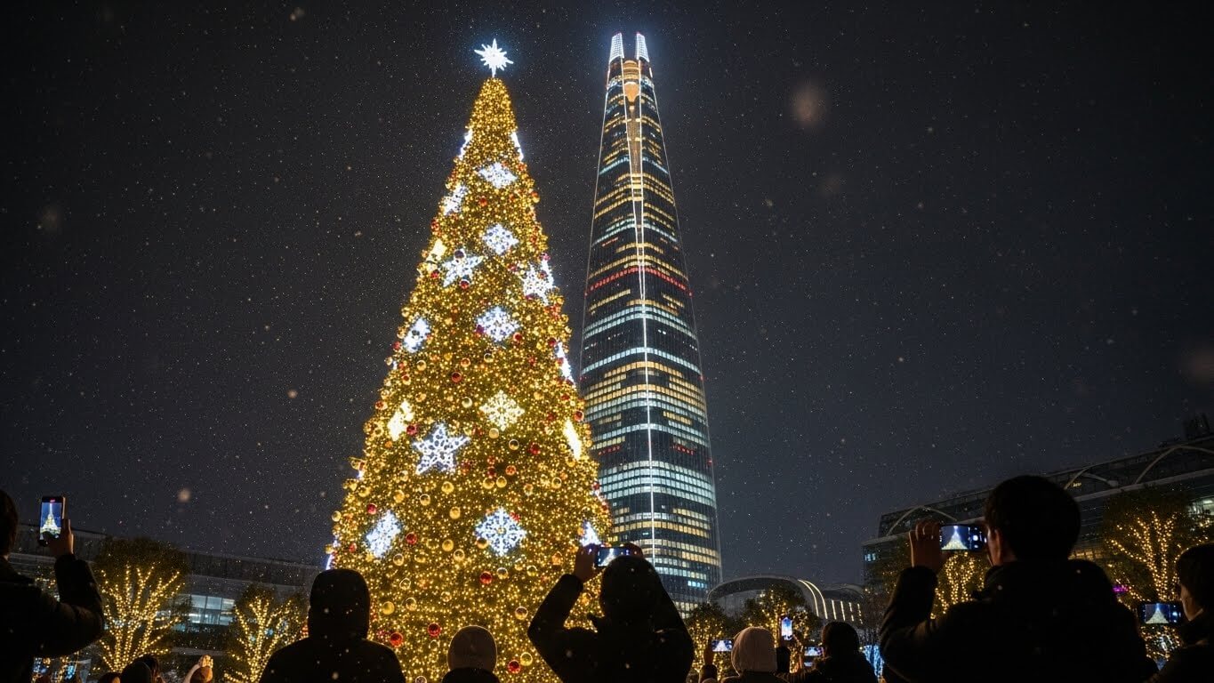 롯데월드타워를 배경으로 밝게 빛나는 대형 크리스마스 트리 앞에서 사진을 촬영하는 사람들. 잠실의 상징적인 연말 야경.