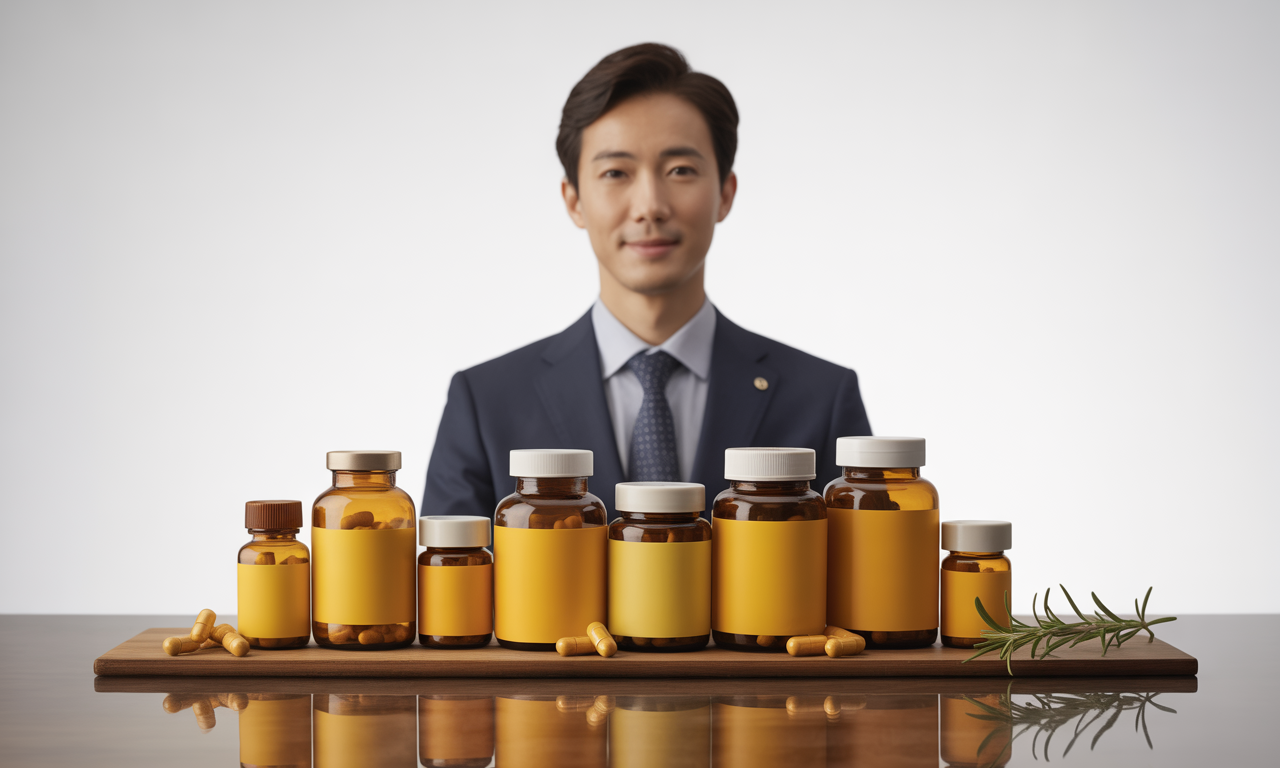 커큐민 관련 이미지 모음 (남성이 커큐민 약을 선보이는 모습)