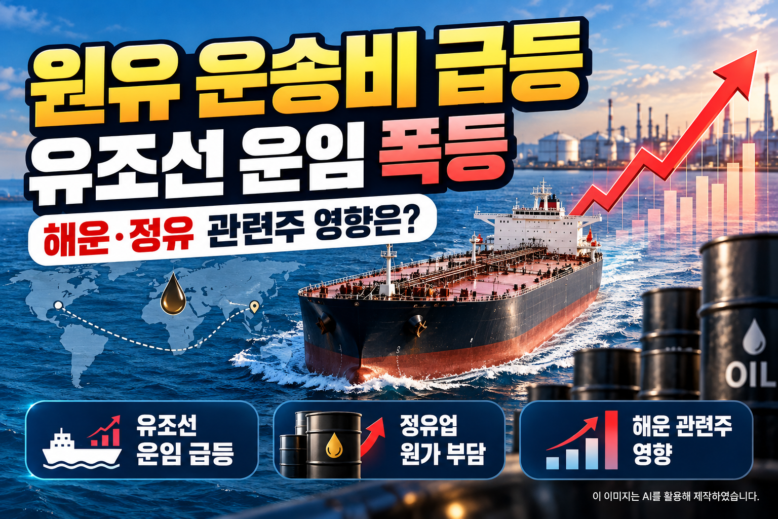 국제 원유 운송비 급등과 초대형 유조선(VLCC) 운임 폭등, 정유업 원가 부담 및 국내 해운&middot;정유 관련주 영향을 정리한 이미지