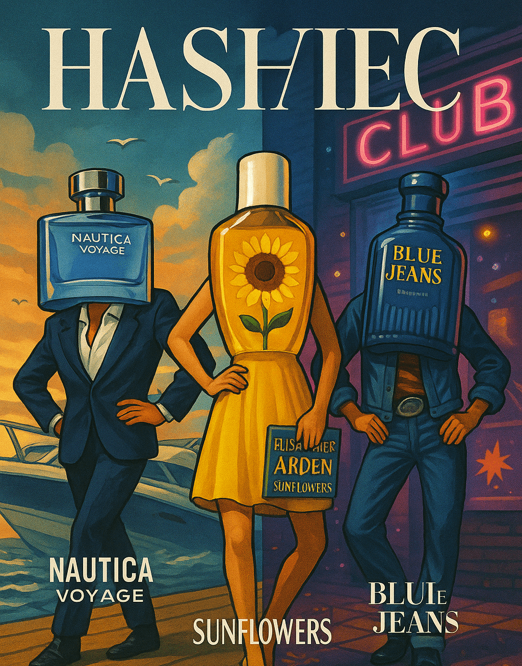 잡지 커버 일러스트: Nautica Voyage·Sunflowers·Blue Jeans 향수병이 요트, 해바라기 들판, 클럽 배경에서 모델 포즈를 취함