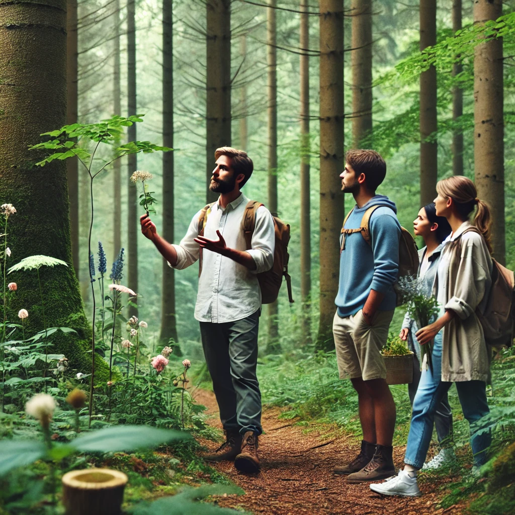 산림치유사가 숲속에서 치유프로그램을 진행중