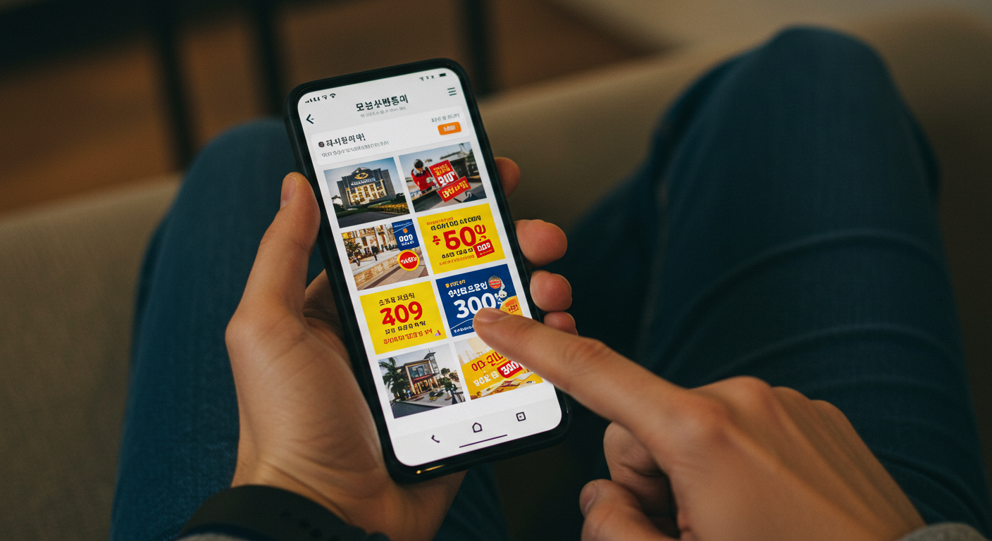 호텔 예약 앱이 켜진 스마트폰을 사용하는 한국인 손.