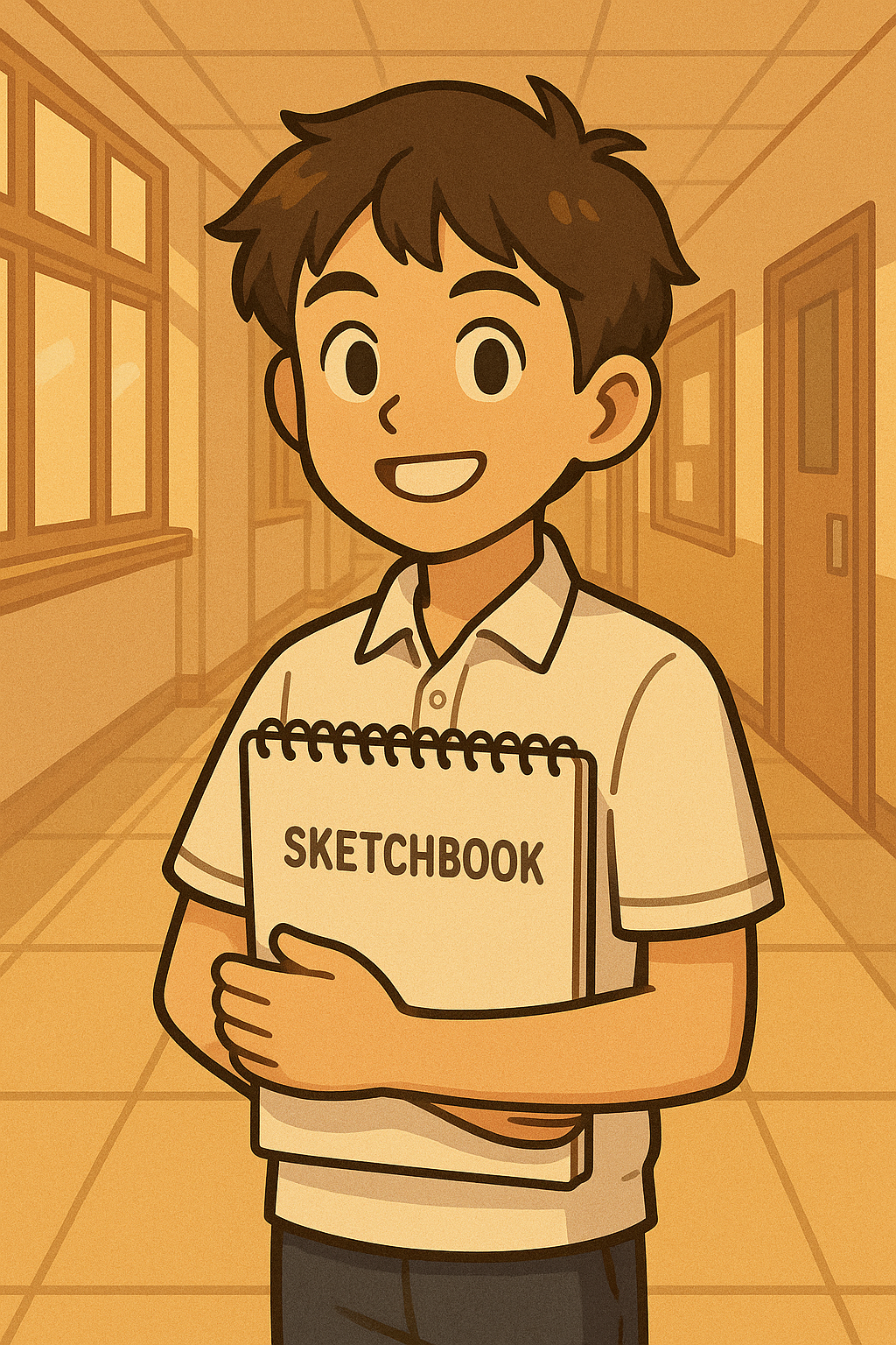 학생이 학교 복도에서 스케치북을 들고 있는 장면