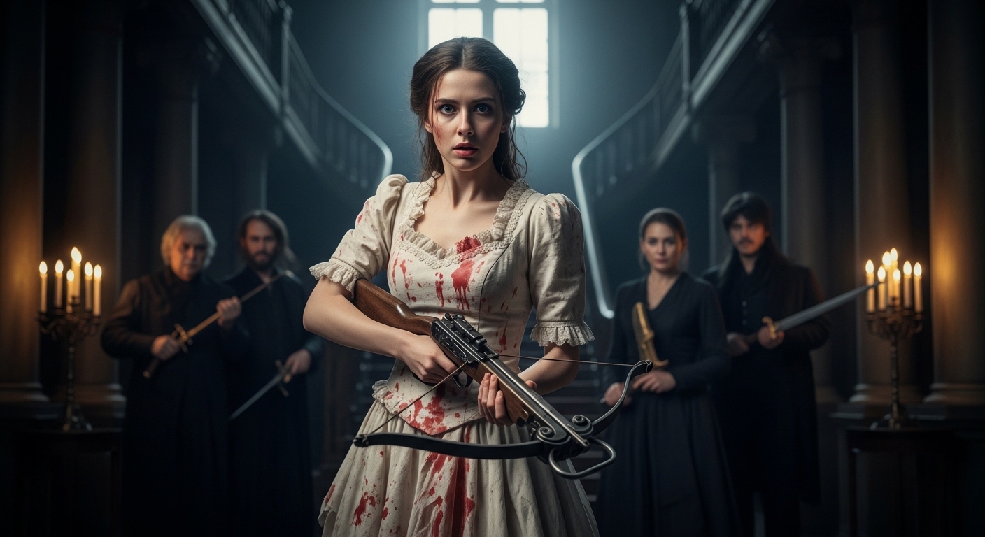 피 묻고 찢어진 웨딩드레스를 입은 신부가 낡은 석궁을 들고 어둡고 웅장한 저택 안에서 결연한 표정으로 서 있는 모습. 뒤에는 무기를 든 가족들의 그림자가 보인다.