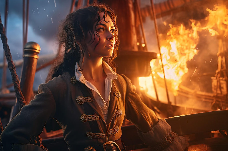 불타는 해적선 위에서 결연히 맞서는 여성 해적 선장, 컷스로트 아일랜드 모건 아담스