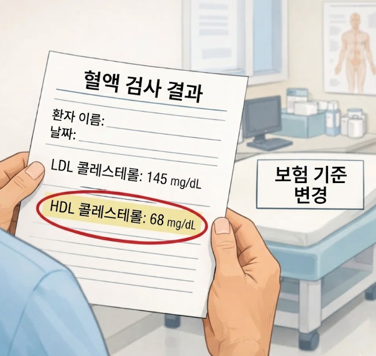 HDL 68 mg/dL로 보호인자 기준을 충족한 혈액 검사 결과지, 보험 급여 기준 변경을 설명하는 장면
