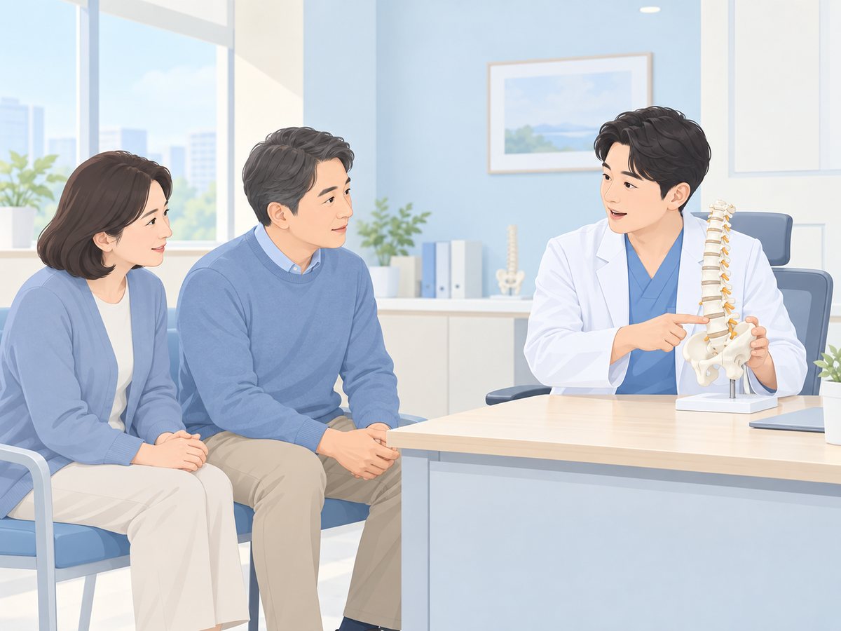 척추 모형을 가리키며 환자와 보호자에게 허리디스크 수술 상의 내용을 설명하는 의사