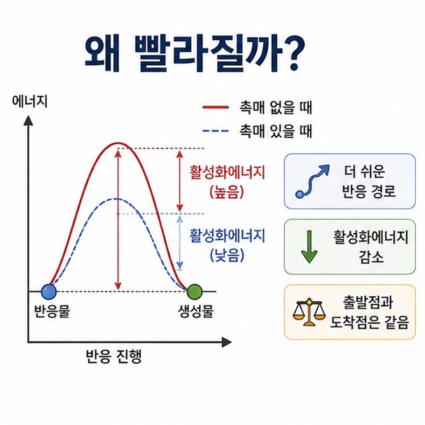 촉매가 더 낮은 활성화에너지를 가진 반응 경로를 제공해 화학반응을 빠르게 할 수 있음을 표현한 이미지