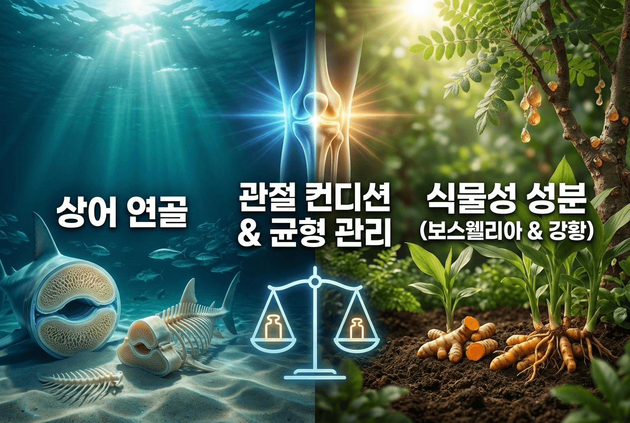 상어 연골과 보스웰리아·강황 등 식물성 성분을 좌우로 배치하고 중앙에는 무릎 관절과 저울 아이콘을 넣어, 상어 연골과 식물성 관절 케어 성분이 균형 있게 관절 컨디션 관리를 돕는다는 메시지를 담은 인포그래픽 이미지