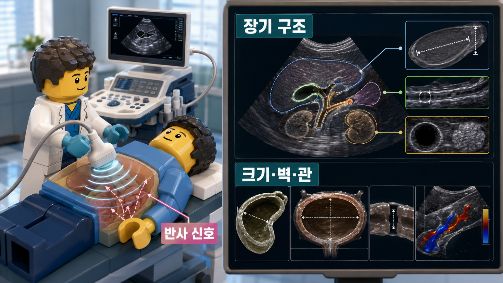 복부초음파에서 음파 반사로 영상이 생성되고 장기 구조를 측정하는 과정