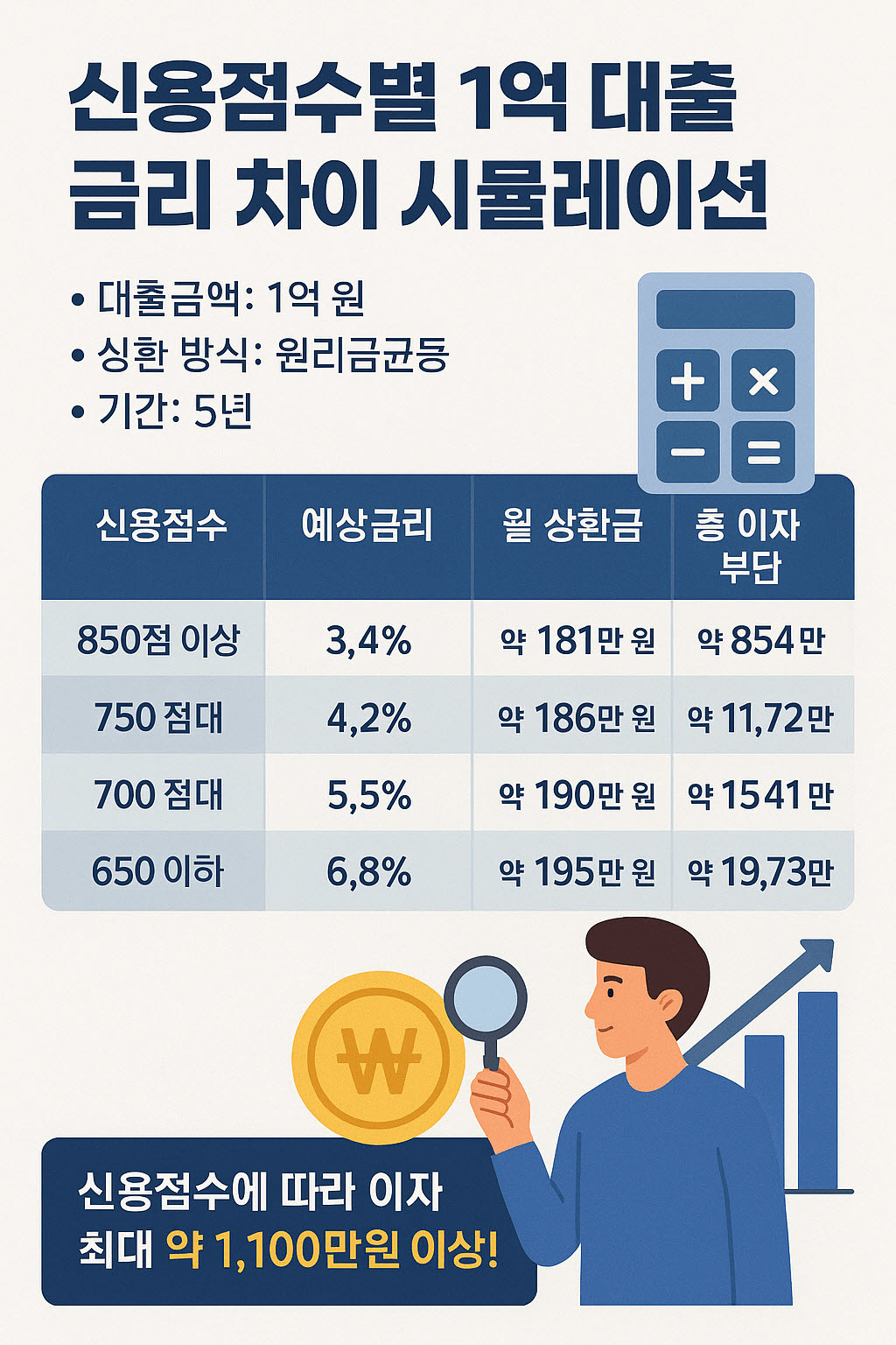신용점수별 대출 금리·이자·월 상환액 차이