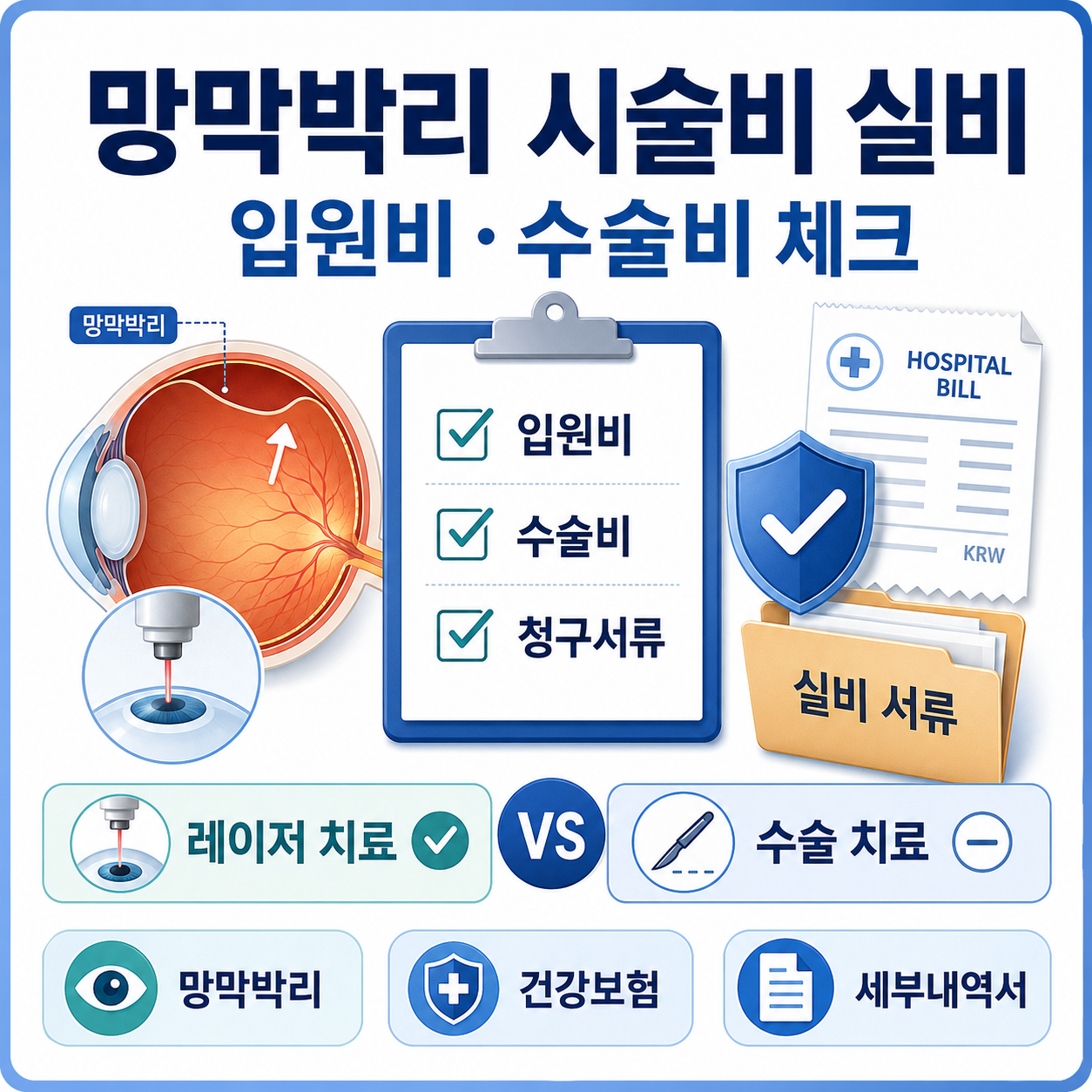 망막박리 시술비 실비와 입원비, 수술비, 청구서류를 확인하는 카드형 대표 이미지