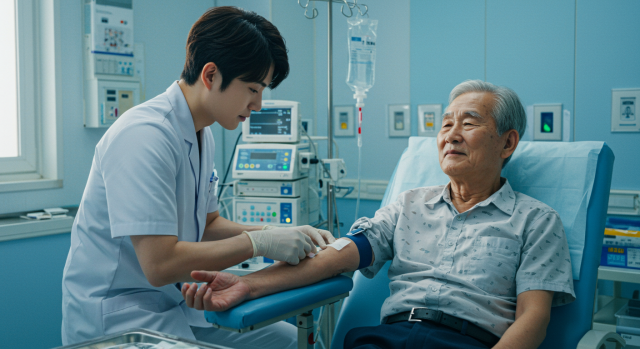 패혈증 검사를 받는 노인 환자와 간호사
