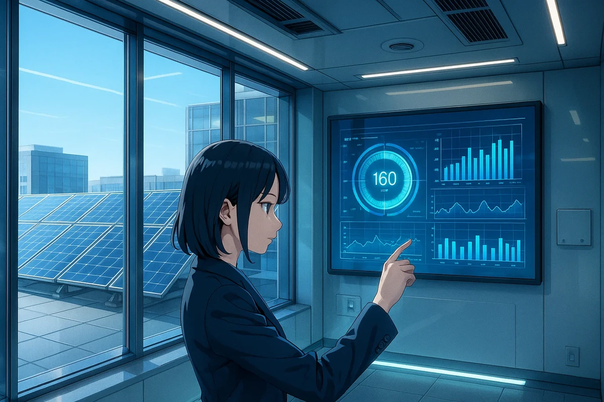 스마트 에너지 관리 시스템이 설치된 현대적인 건물과 태양광 패널, 실시간 에너지 모니터링 화면이 보이는 친환경 에너지 절약 개념 이미지