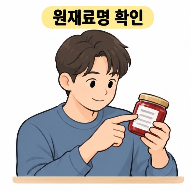 원재료명 확인 제목 아래 잼병의 뒷면 라벨 한 줄을 가리키며 읽는 남성