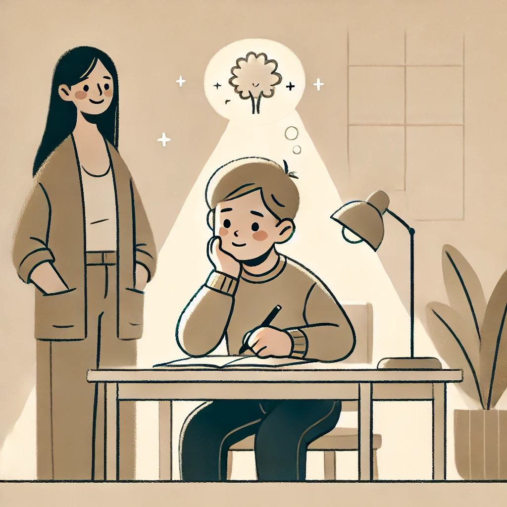 책상에 앉아 공부하는 아이를 바라보는 여성 이미지
