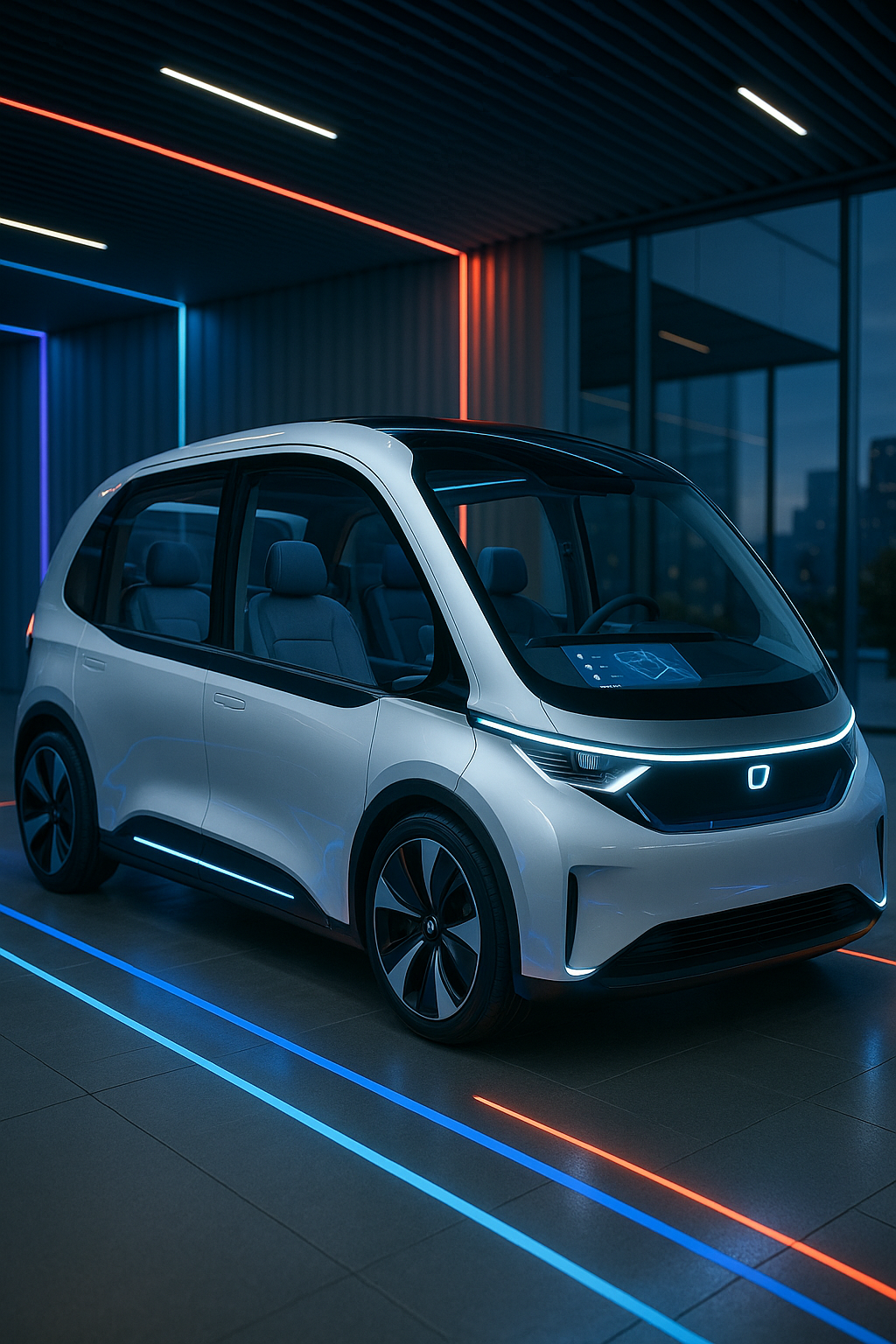 도심 항공 모빌리티 기체가 실내 전시장 천장 근처에 떠 있고, 하단에서는 관람객이 미래 교통 수단을 바라보는 장면