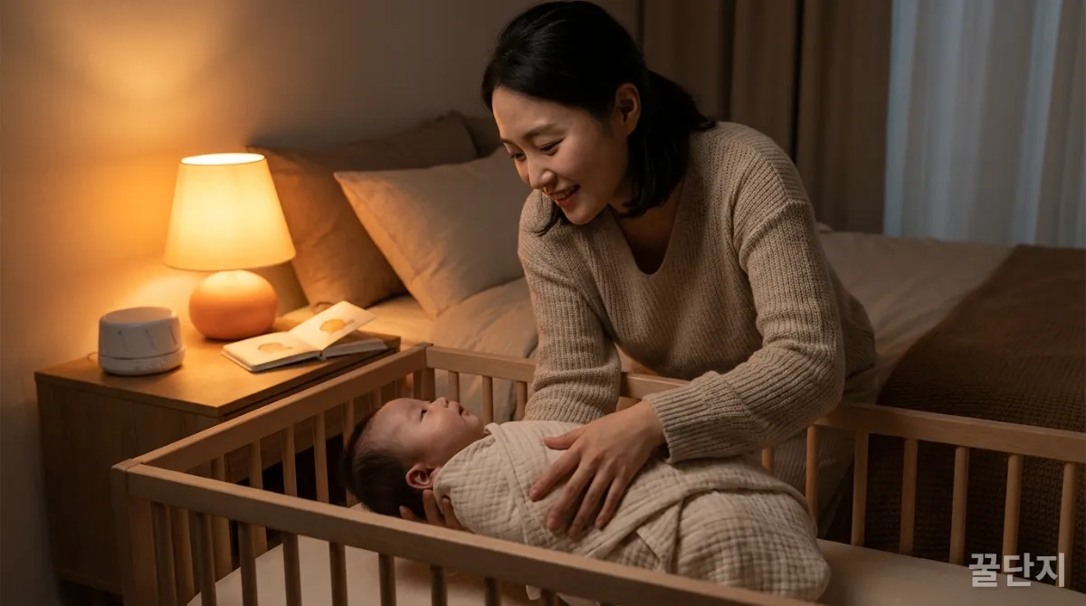 한국인 엄마가 아기를 침대에 눕히며 수면 루틴을 따르는 모습