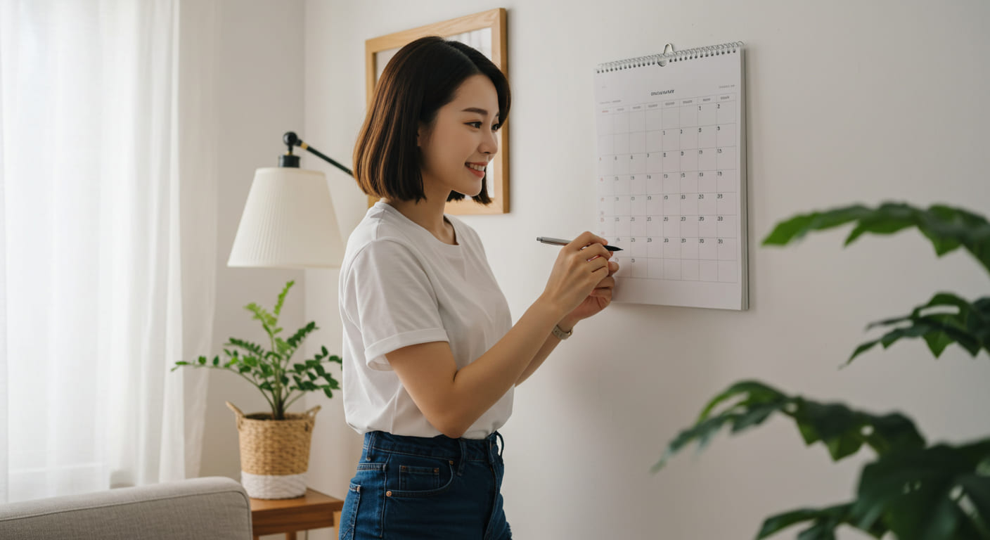 캘린더를 확인하며 기한을 체크하는 귀여운 한국인 여성