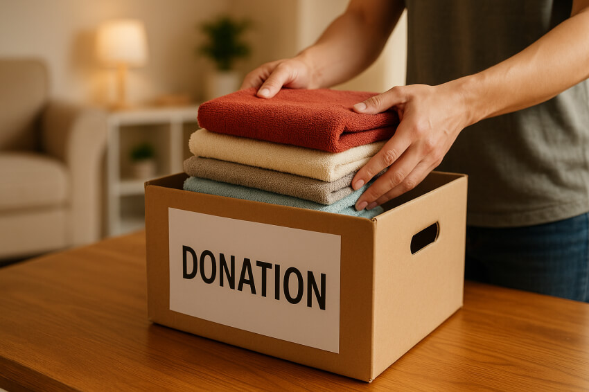 헌 수건 기부를 위해 박스에 담고 있는 모습