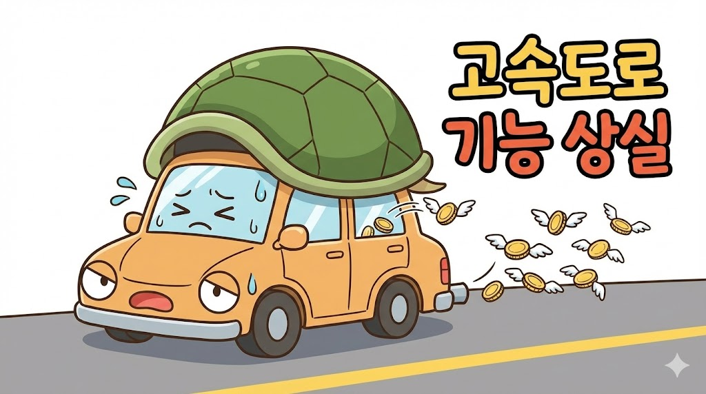 거북이처럼 느린 자동차와 계속 지출되는 통행료를 표현한 풍자 그림