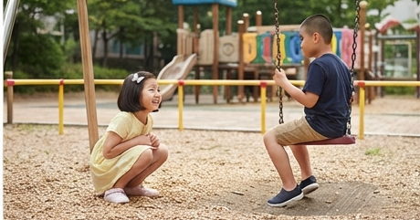 딸이 놀이터에서 오빠 옆에 쪼그려 앉아 있는 모습