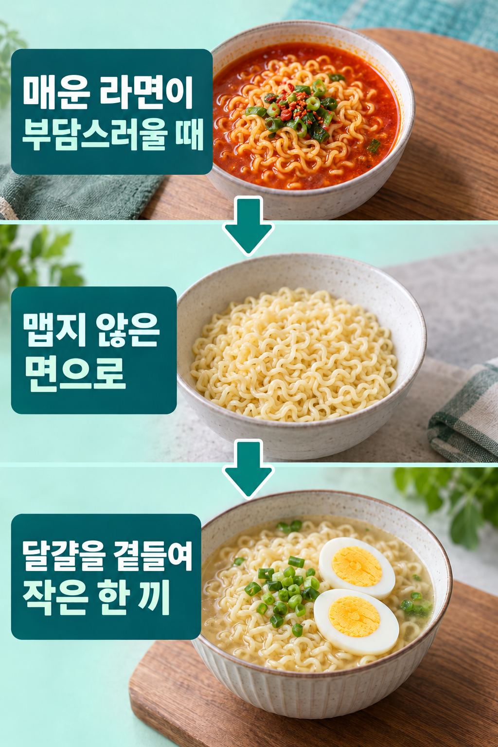 매운 라면 실사 인포그래픽. 현재 메뉴: 매운 라면 한 그릇; 조리 변경: 맵지 않은 면; 한 끼로: 익힌 달걀 곁들이기