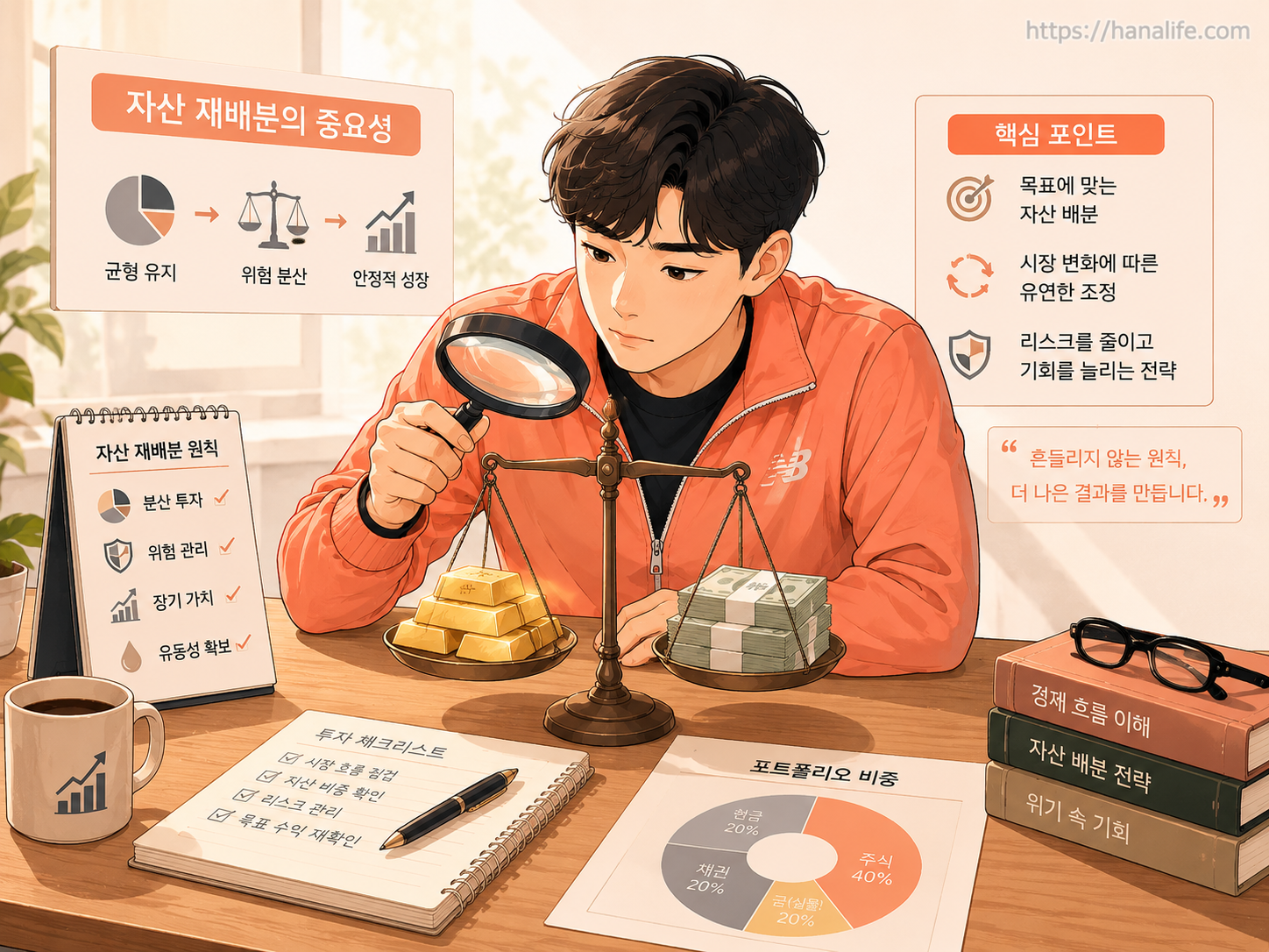 돋보기와 저울을 활용해 자산 포트폴리오 내 실물 금 비중을 현명하게 리밸런싱하는 투자자 일러스트