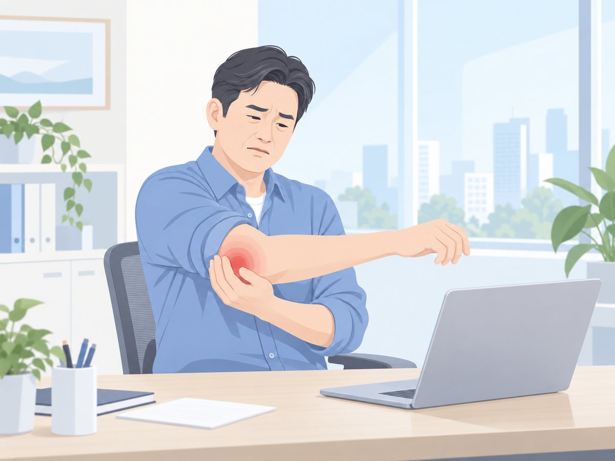 사무실 책상에서 노트북 앞에 앉아 한쪽 팔을 뻗은 채 팔꿈치를 감싸 쥐고 아파하는 남성