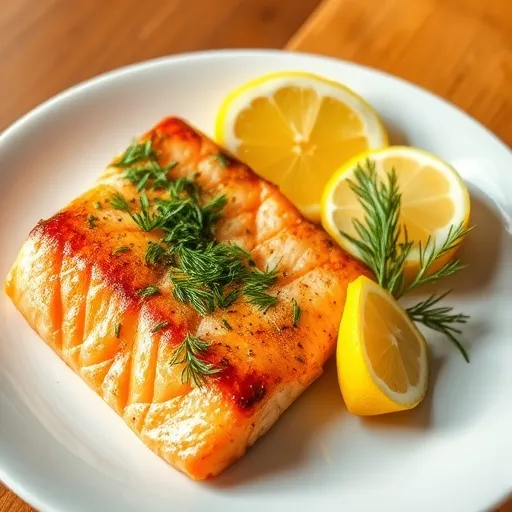 노릇하게 구워진 연어나 고등어 필레 위에 신선한 허브(딜, 파슬리 등)가 올려져 있는 모습입니다. 옆에는 레몬 조각이 함께 놓여 있어 건강하면서도 먹음직스러운 느낌을 줍니다. 배경은 깔끔한 접시와 식탁으로 연출합니다.